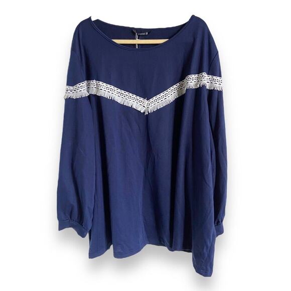 Bloomchic Womens Top Sz 30 Navy Blue White Lace Chevron Long Sleeve Shirt NEW - Picture 1 of 4